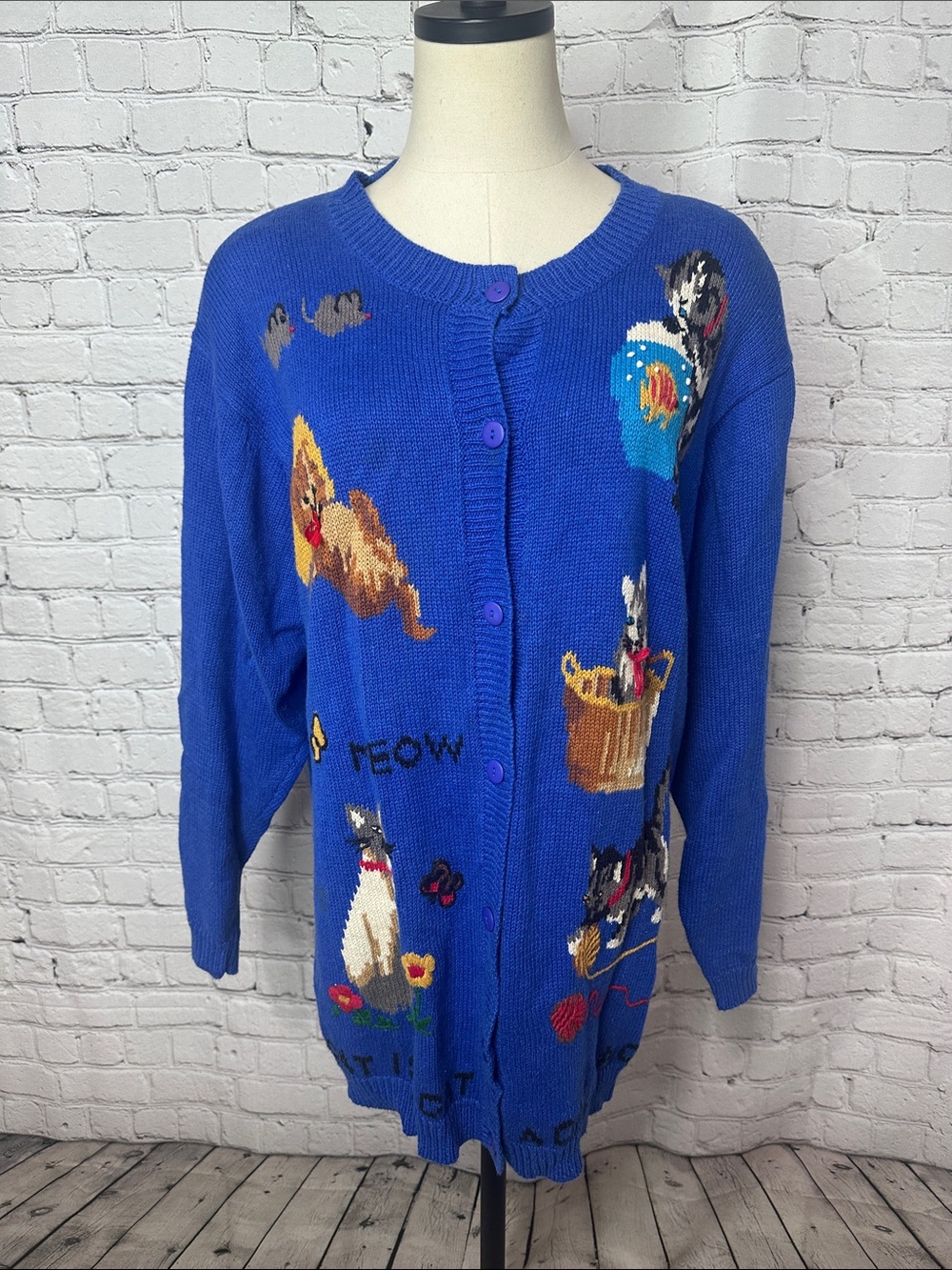 Quacker Factory Cat Cardigan Sweater Large Ramie Cotton Novelty Blue